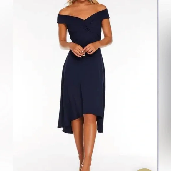 QUIZ Womens Navy Off Shoulder Knee Length Evening Fit + Flare Dress 6 QUIZ Womens Navy Off Shoulder Knee Length Evening Fit + Flare Dress 6